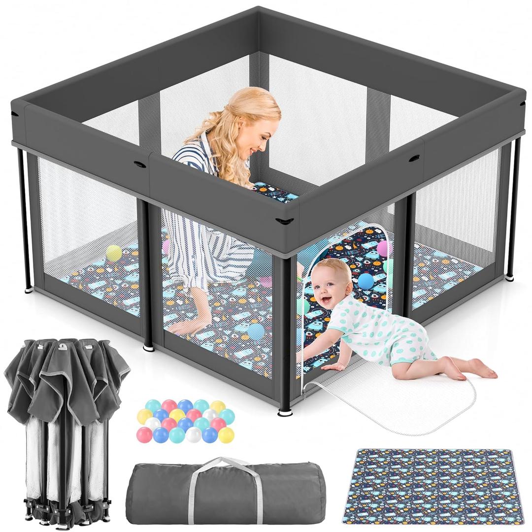 Foldable Baby Playpen, 50"50" Play Yard Playpen for Babies and Toddlers 1-3, Portable Playpen with Mat, Play Fence Gate Corrales para Bebes (Grey)