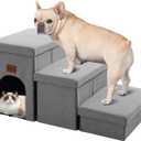 JOLLYVOGUE Small Dog Steps, Cat Stairs with Storage, Non-Slip Dog Steps for Beds Couches, Foldable Pet Stairs Helper for High Beds, 3-Tiers, Hold Up to 200 lbs