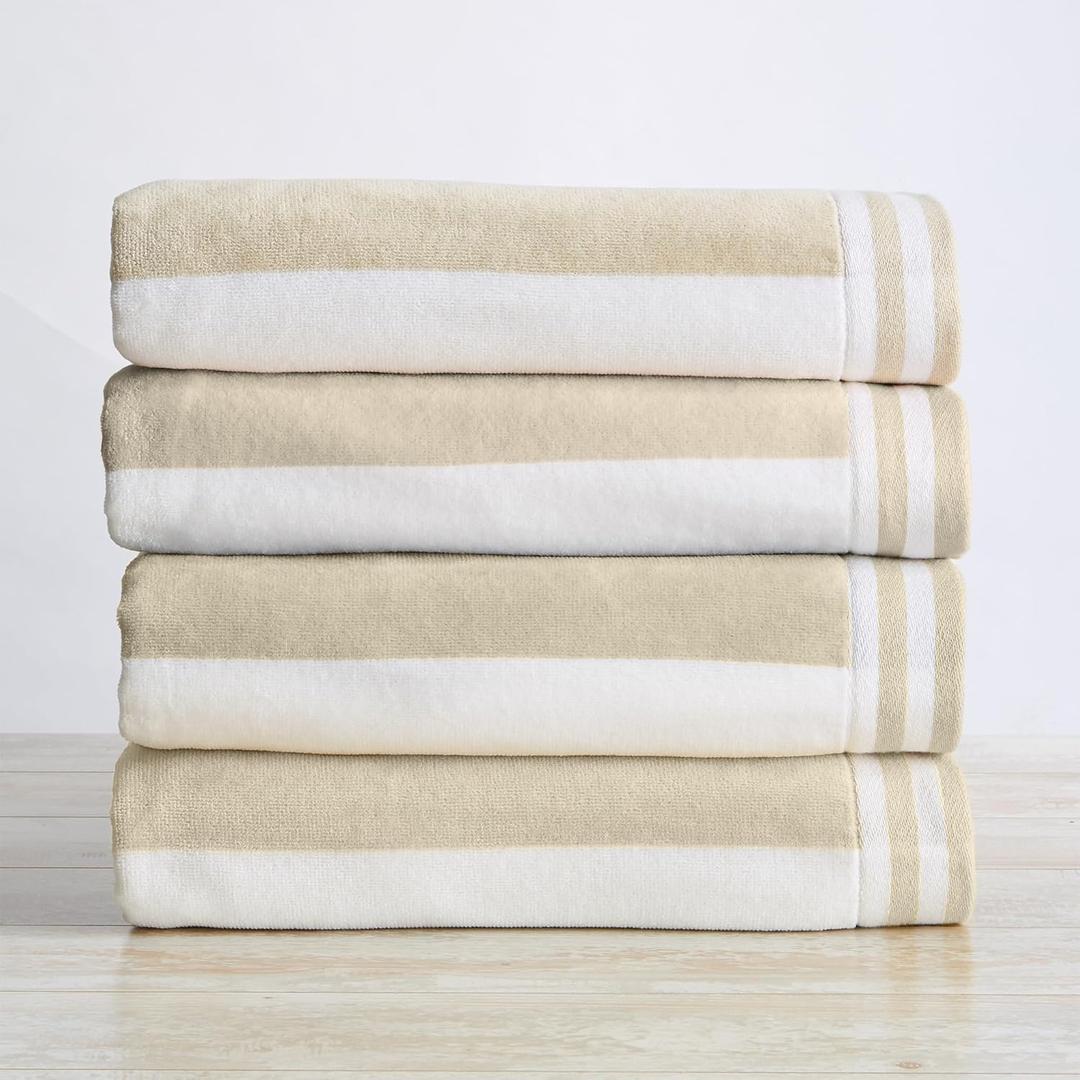 Great Bay Home 100% Cotton Velour 4 Pack Beach Towels 30" x 60" - Taupe Cabana Stripe Pool Towels - Quick Dry, Large Swim Towels (Linen)