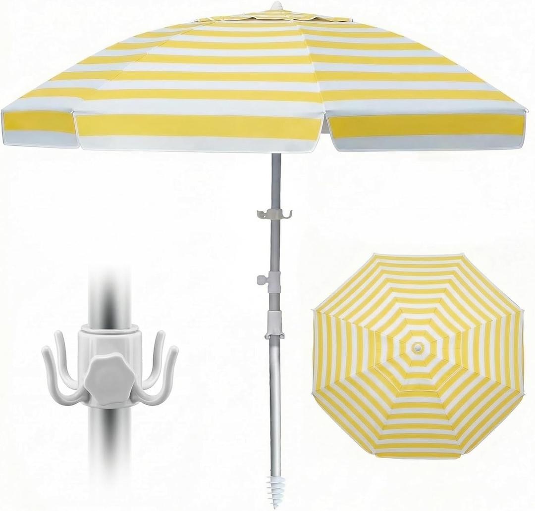 8ft Large Beach Umbrella,Heavy Duty Wind Resistant Portable Sun Shade w/Tilt Pole&Sand Anchor,Shoulder Carry Bag,Removable Hook,UV 50+ Protection,Air Vents Design for Patio Garden Pool