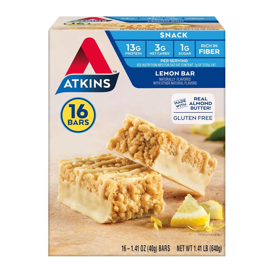 Atkins Lemon Flavored Snack Bar, High Protein Bar, Low Sugar and Low Carb, Keto Friendly Snack, Gluten Free, High in Fiber, Made with Real Almond Butter, 16 Count (EXP 12/19/26)