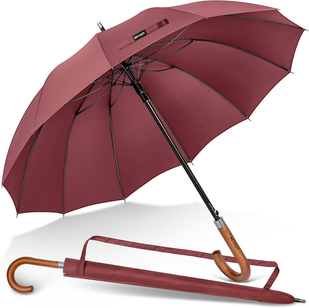 Stick Umbrella Wood Handle 55inch, Cane Walking Classic Umbrellas for Men Women,12 Ribs Stick (Burgundy)