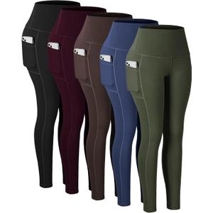 CHRLEISURE Leggings with Pockets for Women, High Waisted Tummy Control Workout Yoga Pants (XX-Large, 5 Packs - Black/Navy/Brown/Cassis/Army Green)