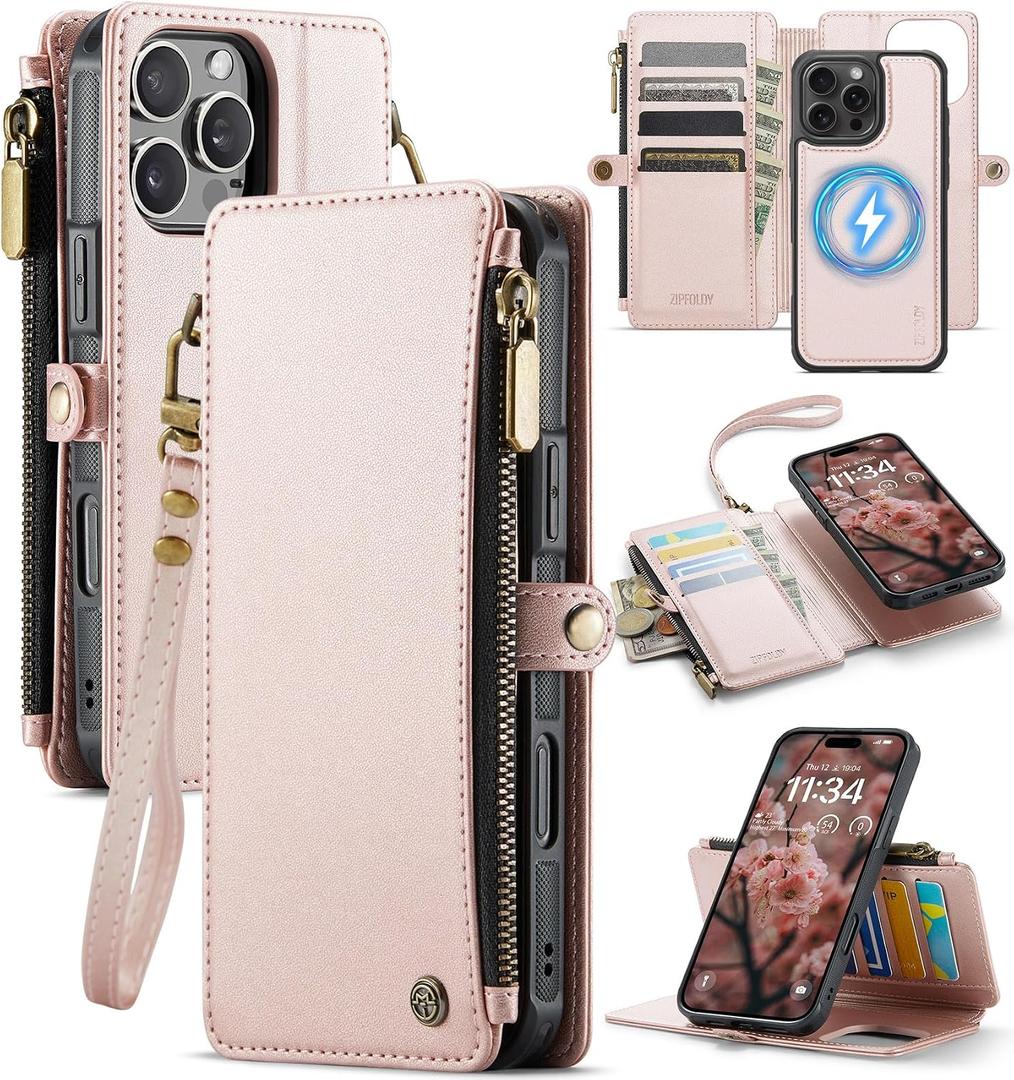 for iPhone 16 Pro Max Wallet Case Magnetic [Compatible with Magsafe] [RFID Blocking Card Holder] [Zipper] [Strap] Detachable Drop-Proof Phone Cases for iPhone 16 Pro Max 6.9", Champagne Gold