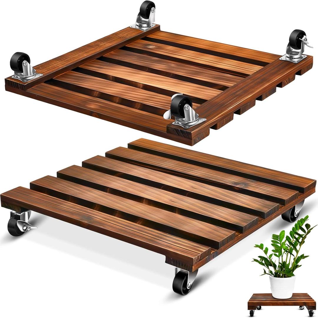 2 Pack 16 Inch Wooden Rolling Plant Stand with Lockable Wheels Heavy Duty Square Plant Dolly Pot Risers Roller Base for Indoor Outdoor Planters