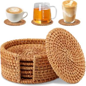 6 Pack Handmade Rattan Coasters with Holder, Wicker Boho Woven Set, Heat-Resistant Drink Coasters for Coffee Table, Drink Cups, Hot Drinking Home Decor
