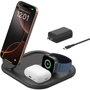 Belkin 3-in-1 MagSafe-Compatible iPhone Charger - Foldable Magnetic Qi2 Certified, MagSafe Charging Station for Phone, Apple Watch, AirPods - Wireless for Multiple Devices (Black)