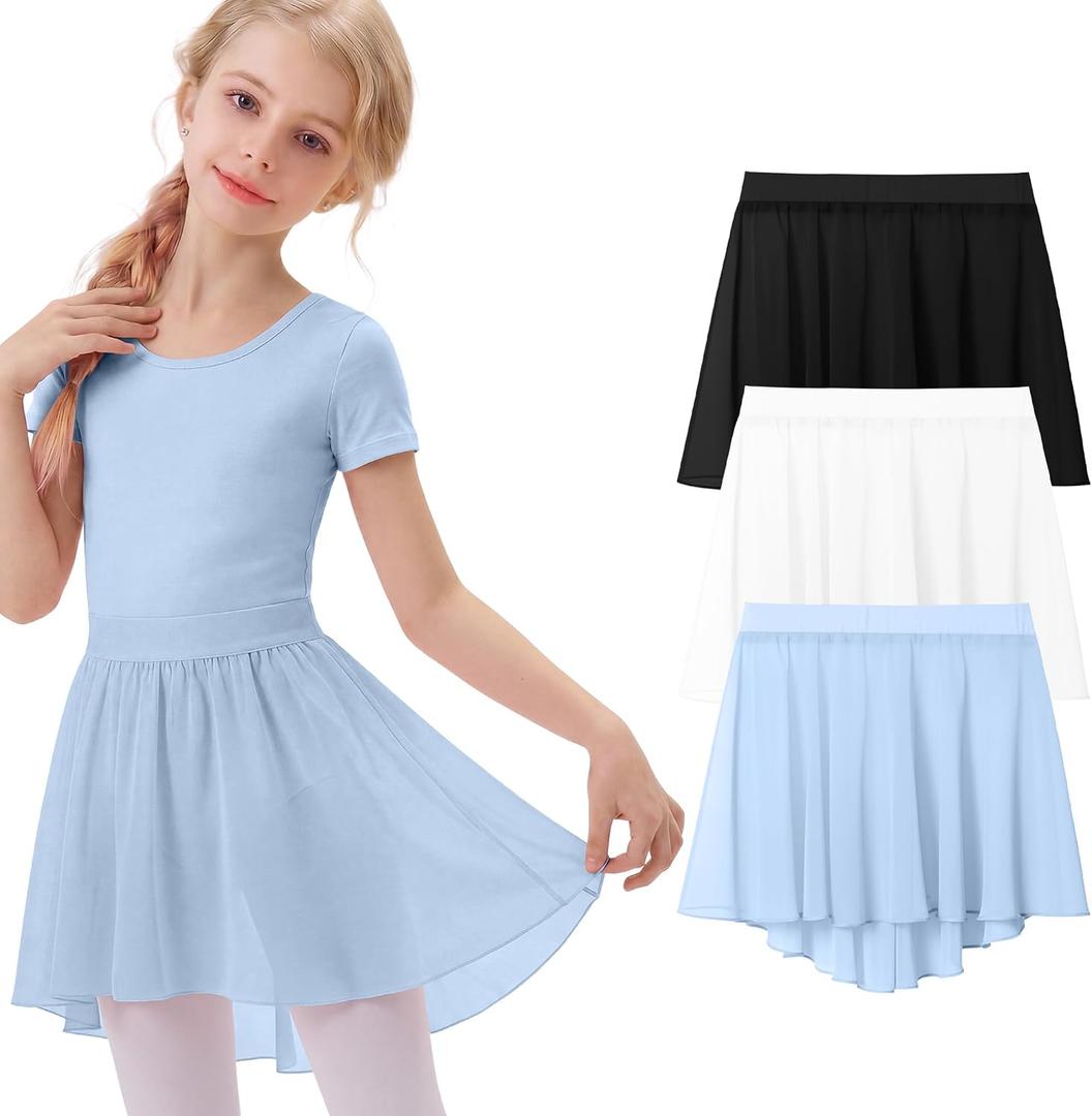 4 x 3 Pack Girls' Ballet Skirts | Dance, Wrap, Toddler, Kids, Ballerina, Chiffon, Elastic Waist, Dancewear, for 2-12 Years, Soft, Stretchy (Blue)