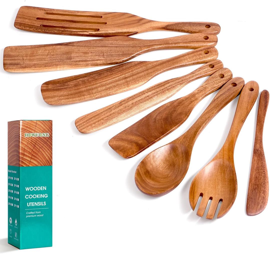 Wooden Spurtle Set, Spurtle Spatula, 8-Pcs Natural Acacia Wood Cooking Tools  Wooden Kitchen Utensils Set with Smooth Finish Comfort Grip, Nonstick Safe Non-Toxic Wood Cooking Spoons by HOWHONG