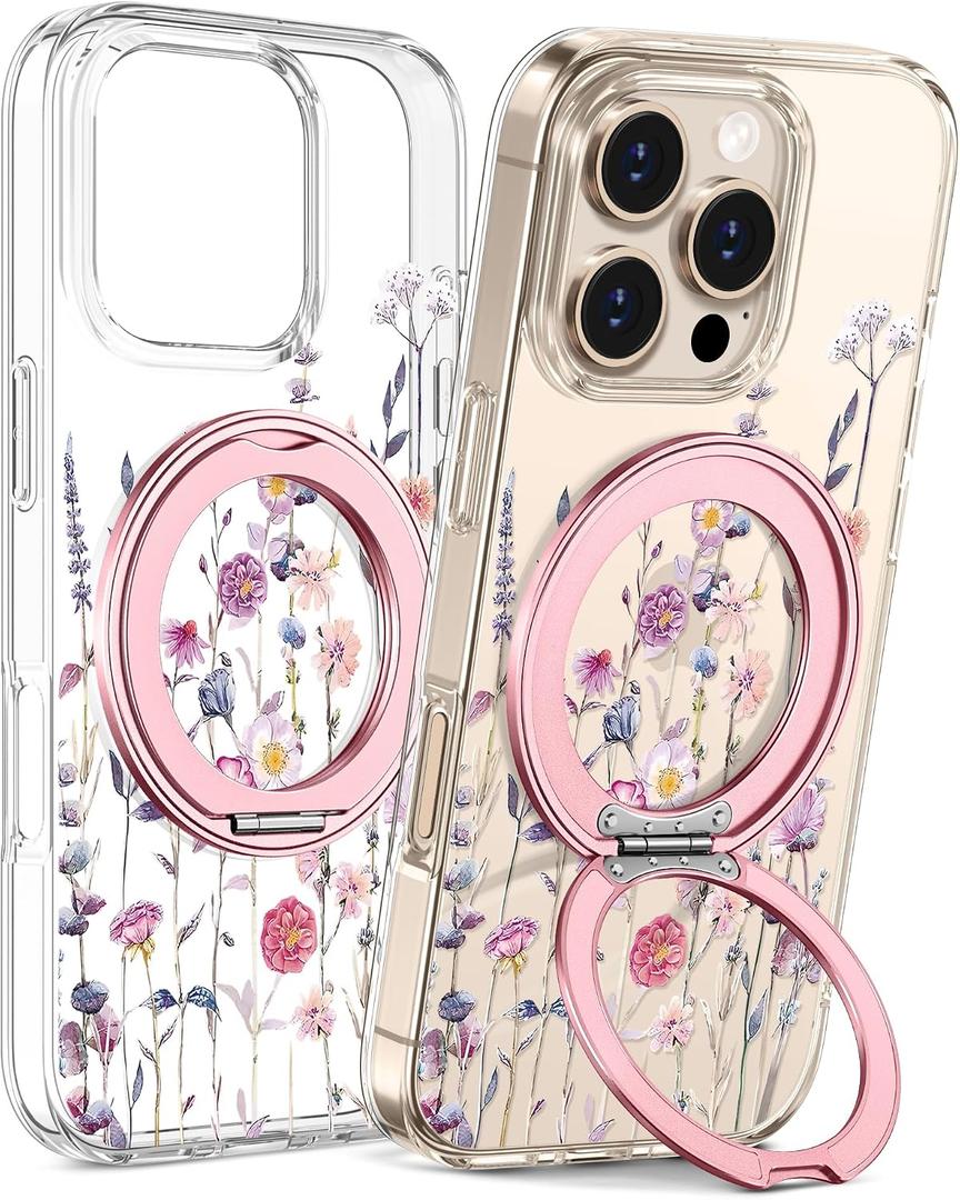 Loheckle for iPhone 16 Pro Case with Stand- Compatible with MagSafe Women Girls Cute Clear Girly Aesthetic Unique Design Soft TPU Magnetic Ring Phone Cover for Apple 16 Pro, Purple Flower