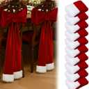 Thyle 10 Pcs Christmas Burgundy Red Velvet Chair Sashes 6 x 108 Inch Large Red Bows Chair Cover with White Fluff Decoration for Xmas Wedding Event Holiday Banquet Party