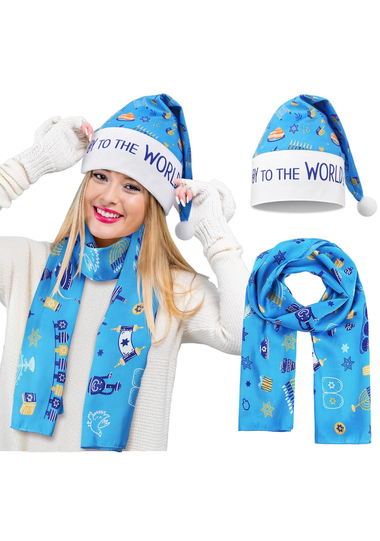 Geyoga 2 Happy Hanukkah Gifts for Women Hanukkah Hat & Scarf Chanukah Costume Accessories Decoration Hanukkah Blue Scarf Funny Santa Hats Christmas