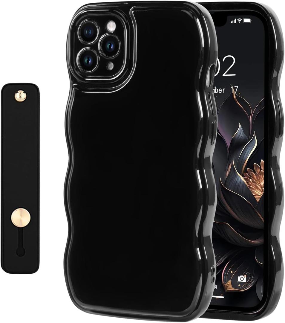 NITITOP Compatible with iPhone 11 Pro Max Case Cute Simple Wave Design Stylish Wavy Curly Frame with Wrist Adjustable Hand Strap Kickstand Grip Holder Soft Silicone Protective Cover - Black