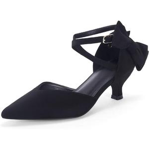 Coutgo Womens Low Kitten Heel Bow Heels Dress Shoes Closed Pointed Toe Ankle Strap Elegant Wedding Party Pumps, (8.5, Black)