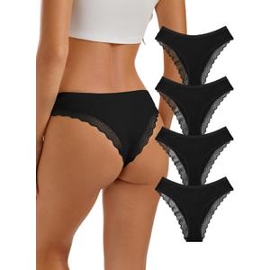REORIA Womens Cotton Underwear Lace Cheeky Hipster Panties Sexy Low Rise Briefs 4 Pack (Small, Black-set 3)