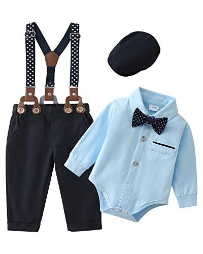 ZOEREA Baby Boy Suit 0-24M Gentleman Outfit Clothes Set Infant Long Sleeve Dress Shirt+Suspender Pants+Bowtie+Beret Hat, 3-6 Months