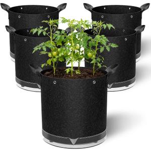 5 Pack 7 Gallon Self-Watering Grow Bags, Thick Nonwoven Fabric Pots with Support Rings and Reinforced Handles, Self-Watering Planter with Bottom Reservoir for Tomatoes Peppers Potatoes and Vegetables