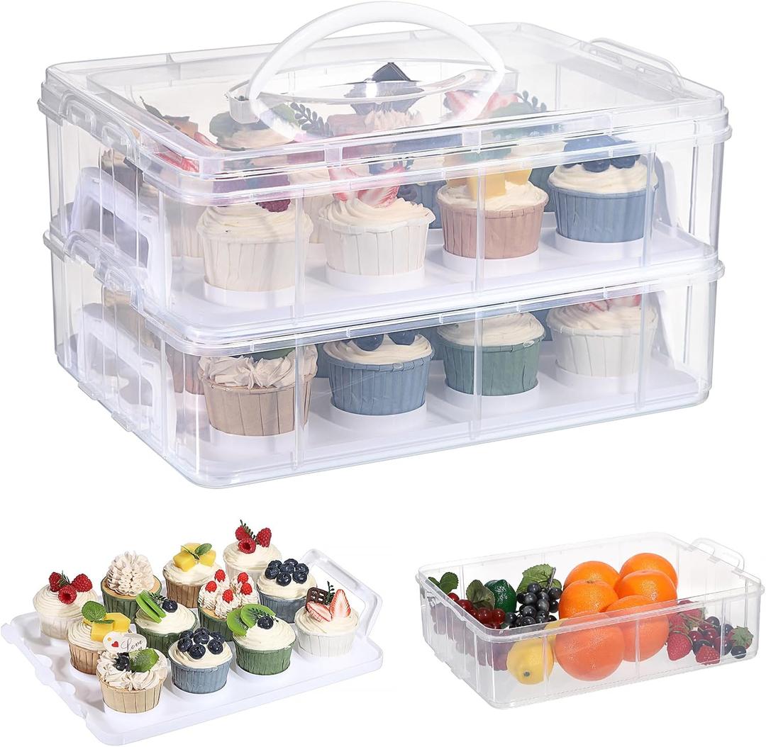 2 Tier Cupcake Carrier, Each Tier Holds 12 Cupcakes, 2 in 1 Stackable Cupcake Container and Cake Keeper with Lid, Clear Plastic Box Holding 24 Pastries for Birthday Party Bakery Supplies