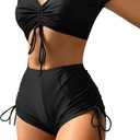 Lilosy High Waisted Tummy Control Drawstring Bikini Set Srting Swimsuit Short Sleeve Top and Tie Side Shorts 2 Piece (Medium, Shorts Black)