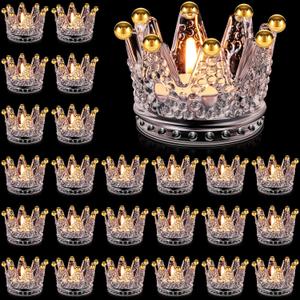 24 Pcs Birthday Clear Crown Votive Candle Holders Glass Crown Tealight Candle Holders Bulk Candlestick Votives for Tables Centerpieces Wedding Party Decoration(Gold Bead Style)