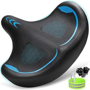 Oversized Bike Seat for Men & Women Comfort, Extra Wide Bicycle Seat Cushion, Comfortable Wing Padded, Large Replacement Bike Saddle for Peloton Bike, Stationary Exercise Bike, City Bike, Ebike (Blue)