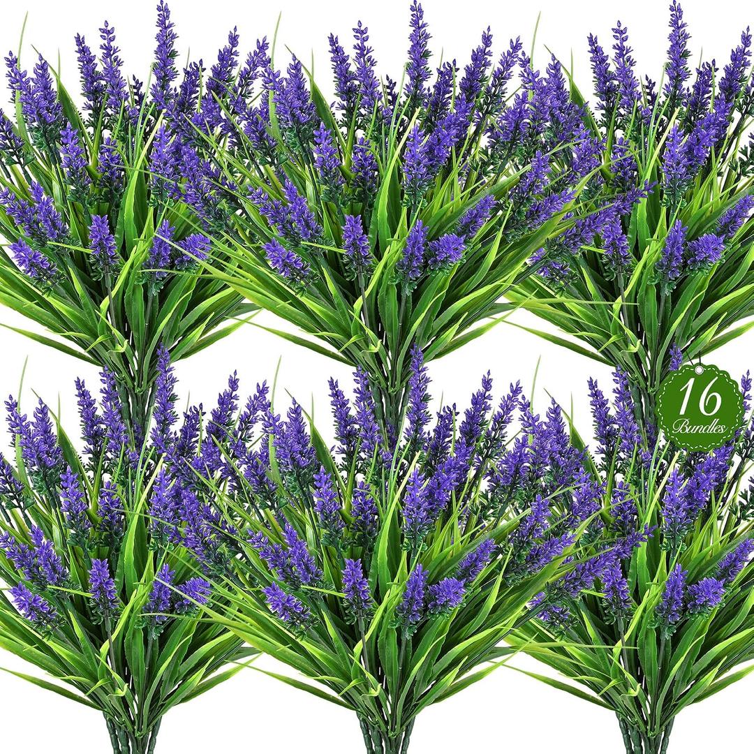 16 Bundles Artificial Plants Outdoor, UV Resistant Fake Lavender & Monkey Grass, Realistic Plastic Faux Plants for Balcony, Patio, Porch Greenery Decor, Planter Filler (Purple)