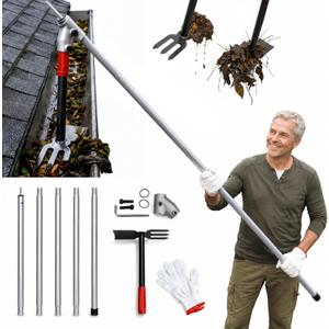Heavy Duty Gutter Cleaning Tool from Ground No Ladder Needed 10FT Gutter Cleaner Kit with Extension Pole Leaf & Roof Debris Remover for 1-2 Story House
