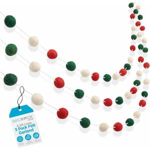 BIRDROCK HOME 3-Pack Felt Garland | 6.5ft or 78in Long Christmas Decoration with 24 Pom Pom Balls in Red, White & Green. Ideal for Trees, Fireplace Mantels, Stairs, Walls & Festive Holiday Decor Ideas