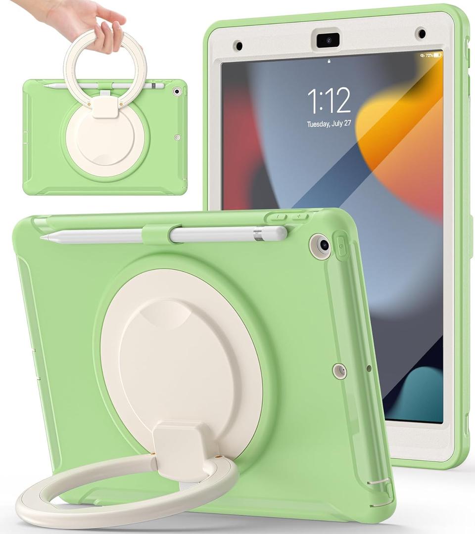 BATYUE Shockproof Case for iPad 7th/8th/9th Gen 2019/2020/2021 | 360 Multi-Angle Stand (Portrait & Landscape) & Grip, Built-in Screen Protector, Pencil Holder, Matcha Green