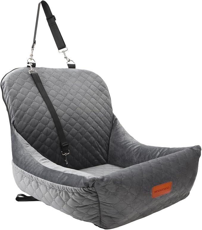 WOOAIDAGG Dog Car Seat,Fully Detachable and Washable Cover,Easy to Assemble,Comfy Cushion Fill in Memory Foam,2 Clip-On Safety Leashes and Storage Pockets (Grey)