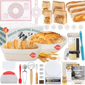Aliggbent 38Pcs Sourdough Bread Baking Supplies, 10'' Round & Oval Banneton Bread Proofing Baskets with 24 oz Sourdough Starter Jar Kit, Digital Scale, Bags & Bread Making Tools Kit for Artisan Baking