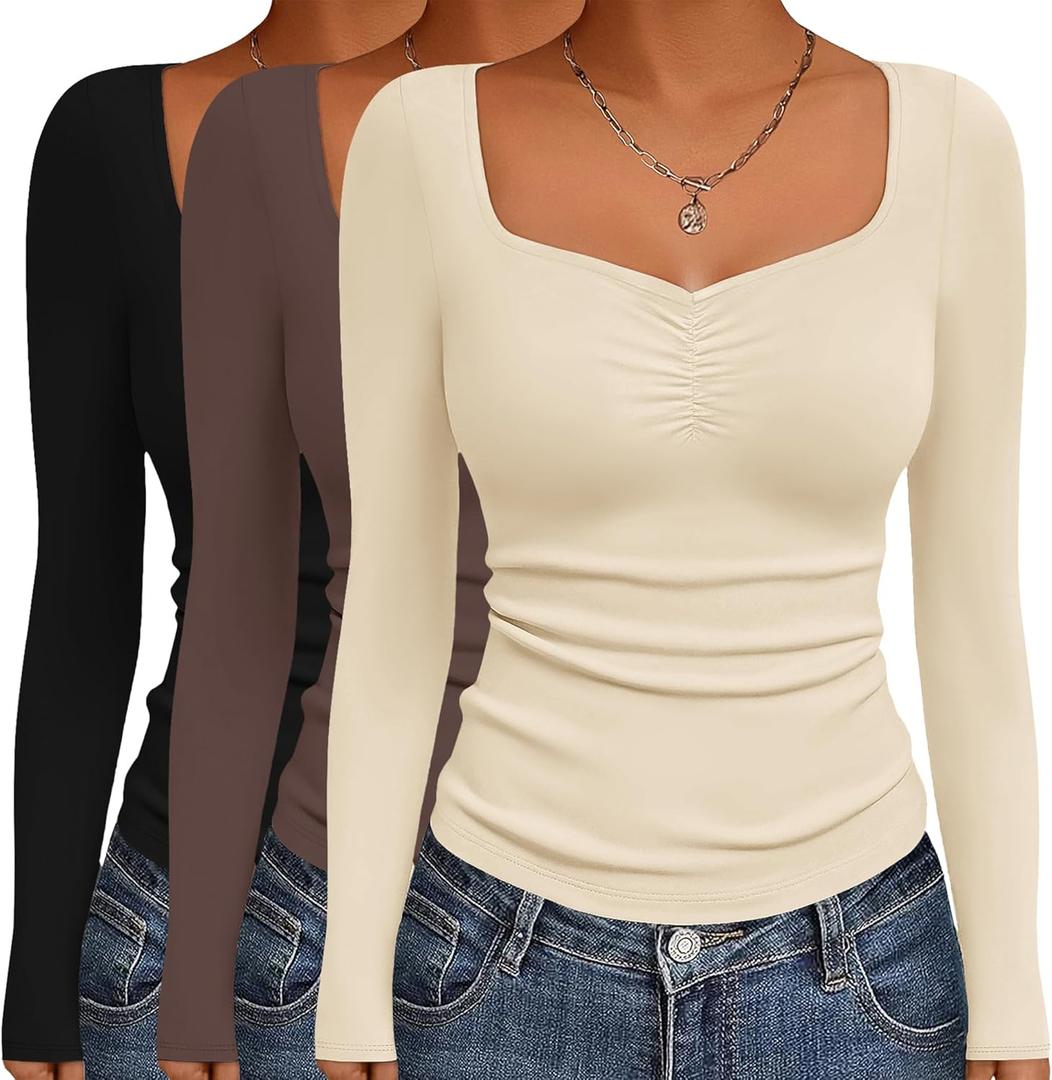 Ekouaer 3 Packs Womens Long Sleeve Tops Sweetheart Neck Fitted Shirts Basic Layering Tee Soft Undershirts Fall Outfits (X-Small, Black / Brown / Beige (3pcs))