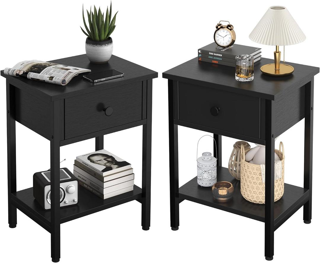 Nightstands Set of 2 with Drawers, Bedside Table Set of 2 with Storage Shelf, Heavy Duty End Side Table for Living Room Bedroom Small Space Sofa Couch, Wood Metal Night Stand, Easy to Assemble, Black, 11.8 inches x 15.8 inches x 22.3 inches