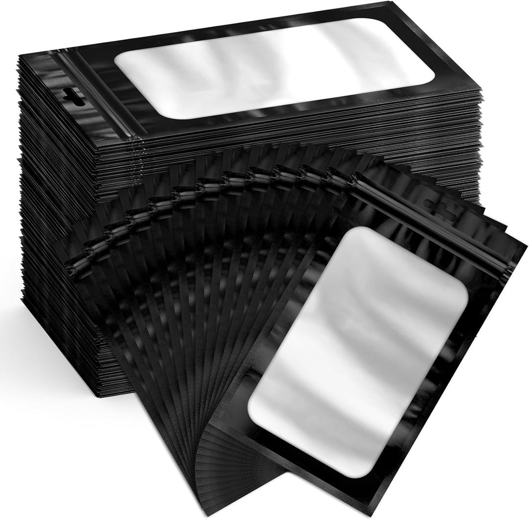 Funfery 300 Pack Smell Proof Resealable Bags for Food Storage,Mylar Clear Bags 4.7x7.9 Black Packaging Bag- Edibles,Odorless Scent Proof Bag for Cookies, Zip Foil Pouch for Small Business