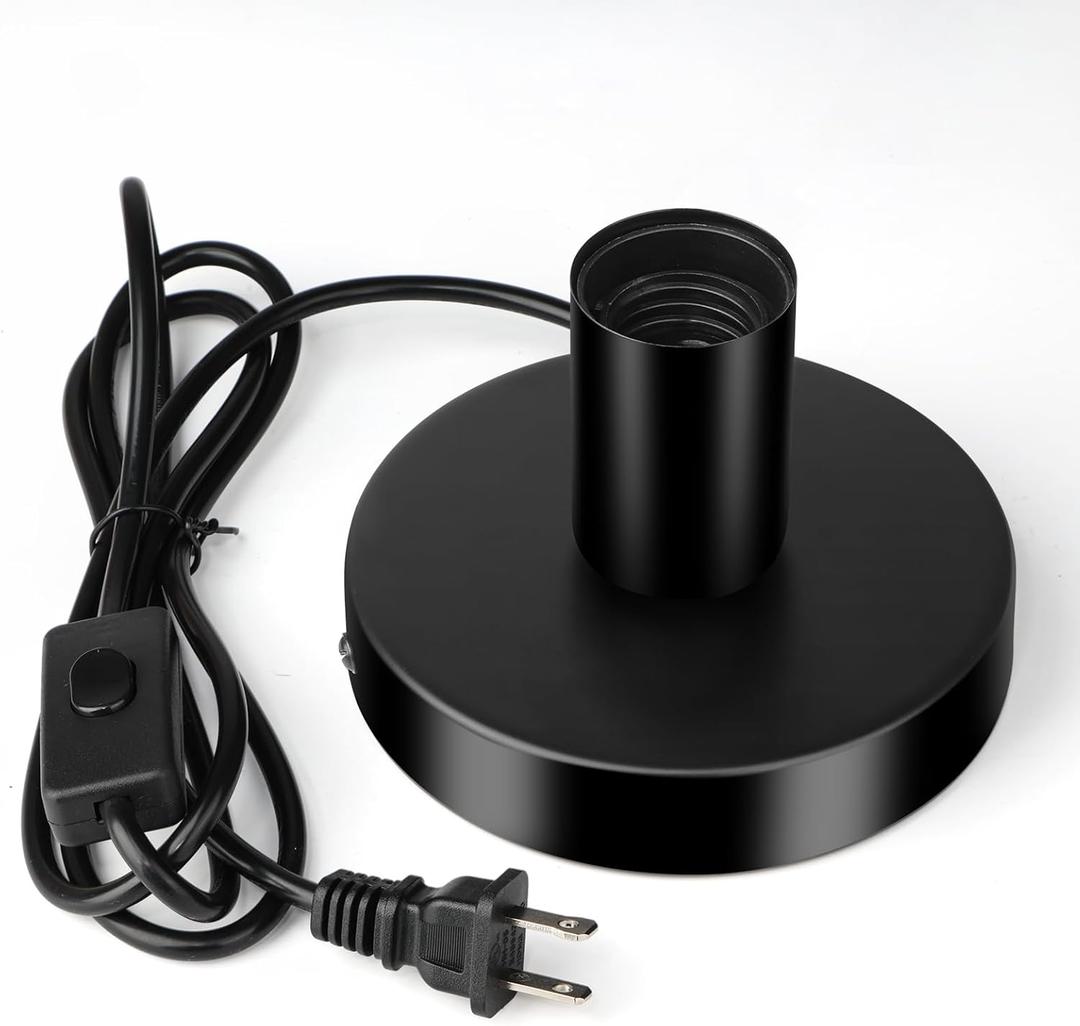 Vintage Table Lamp Base Only, Metal Industrial E26/E27 Plug in Screw Light Bulb Socket with 5.6 Feet Cord On/Off Switch Plug, Small Edison Desk Lamps Holder for Home Lighting Decor (Black)