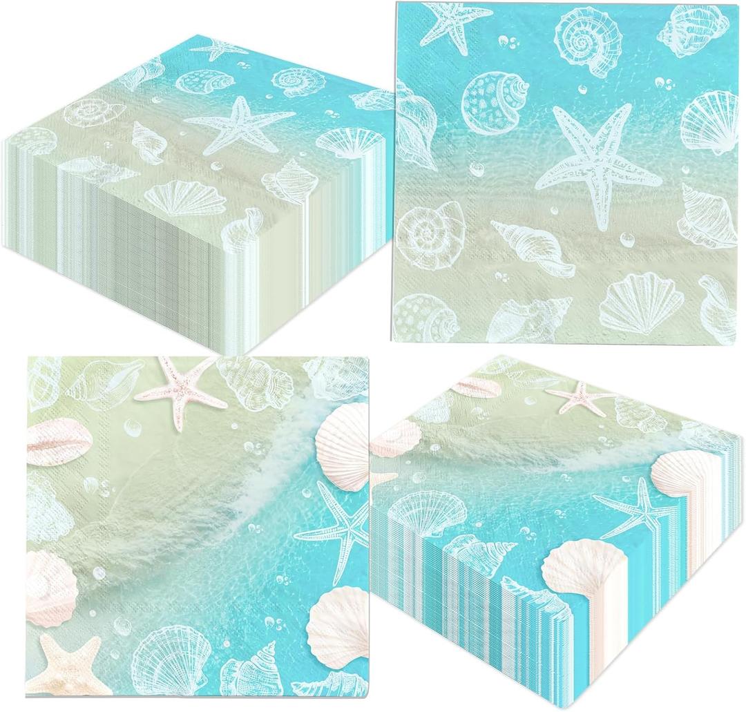Seashell Beach Party Decorations Napkins, 48Pcs Ocean Seashell Birthday Napkins, Paper Ocean Coastal Sea Shell Napkin for Summer Beach Birthday Baby Shower Party Decorations