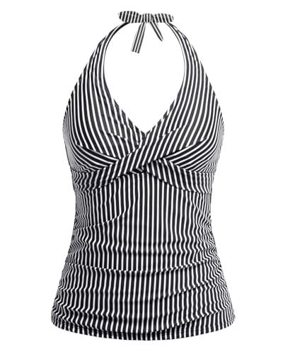 Tempt Me Women’s Black Striped Tankini Top Halter Tummy Control Swim Tops Only Twist Front V Neck Bathing Suit No Bottom S
