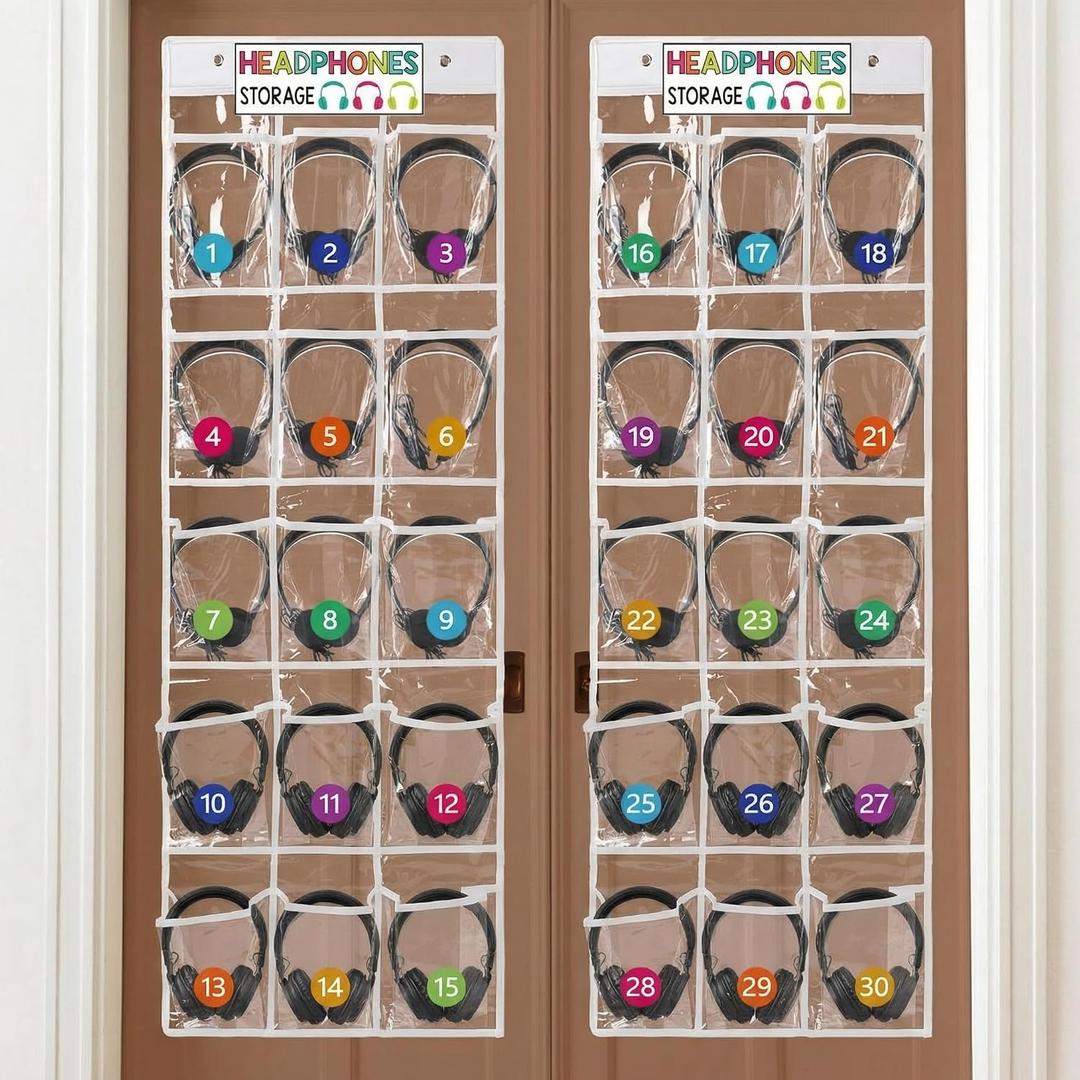 2 Pcs Over The Door Hanging Classroom Headphone Storage Organizer 30 PVC Clear Organizer Holder Pockets with 2 Pcs Headphone Storage Cards with Digital Stickers for Library Door Hanger