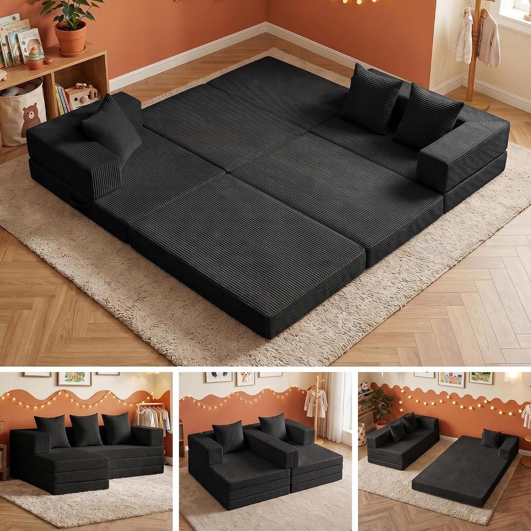 6-in-1 Boneless Couches Modular Sectional Sofa | Cloud Couch Sectional & Tri-Folding Mattress | Corduroy Pet-Friendly Convertible Sofa Bed with 800LB Capacity Living Room, Apartment, Guest Room, Small mattress:84*71*4‘’, Black