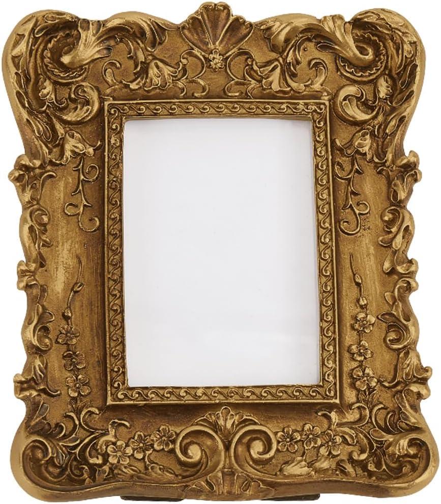 GORGECRAFT Vintage Resin Picture Frame Retro Floral Engraved Antique Gold Rectangle Photo Frame with Hooks and Easel Stand for Wall Hanging or Tabletop Display Ornate Photo Gallery Art 5.5 x 4.7 Inch