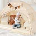 Full Size Bed Tent Canopy, Kids Play Tent with Flags & Star Lights, Canopy on Bed Privacy Space Sleeping Blackout Tents, Indoor Breathable Portable & Foldable, XL-Large Cream Tassels Style