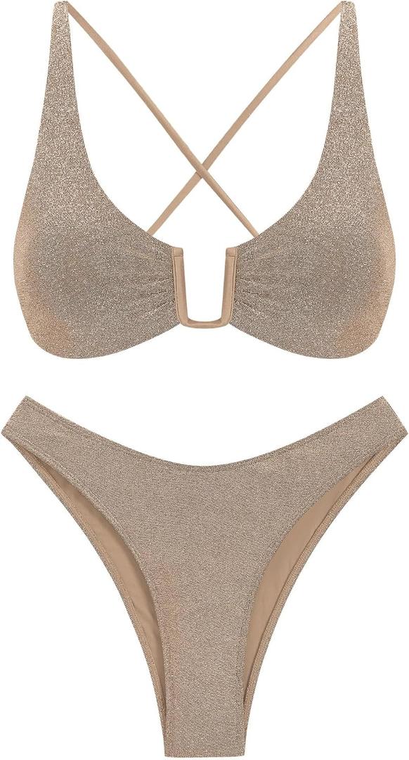 ZAFUL Women's Two Piece Swimsuit Textured U-Wired Metal Criss Cross String Bikini High Leg Bathing Suits (Shine-light Coffee-1). XL