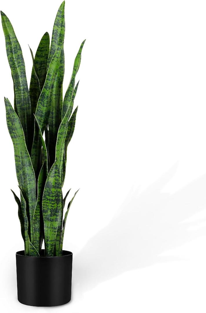 KOL 3ft Artificial Snake Plant, Fake Sansevieria Potted Plants, 32 Thick Lifelike Faux Leaves, Indoor Home Office Decor, Mother-in-Law Tongue Houseplant, 35in, Green (1-Pack)