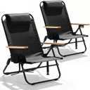 2 Pack Premium 5-Position Reclining Camping Chair - Portable Folding Lightweight Outdoor Chair with Wooden Armrests, Headrest & Pockets, 350lbs Heavy Duty for Beach, Patio, Backyard, Black