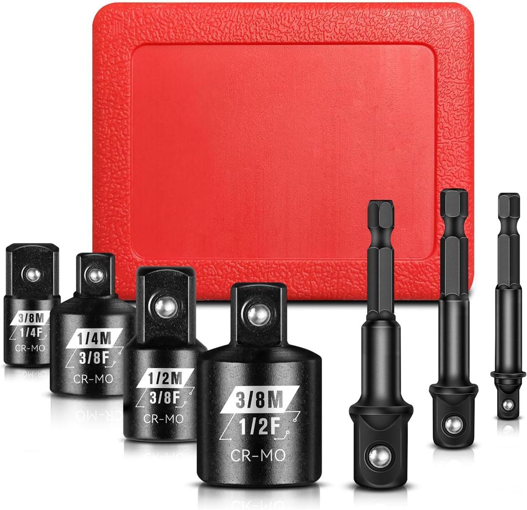 BLACKROBOT 7PCS Impact Socket Adapter Set, 1/4" 3/8" 1/2" SAE Drill Socket Adapter Set, Square and Hex Drive for Impact Driver Wrench, Cr-Mo&CR-V Steel