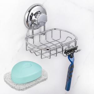 HASKO Suction Soap Dish with Hooks | Powerful Vacuum Suction Cup Soap Holder | Soap Basket Holder for Bathroom & Kitchen (Polished Stainless Steel SS304)