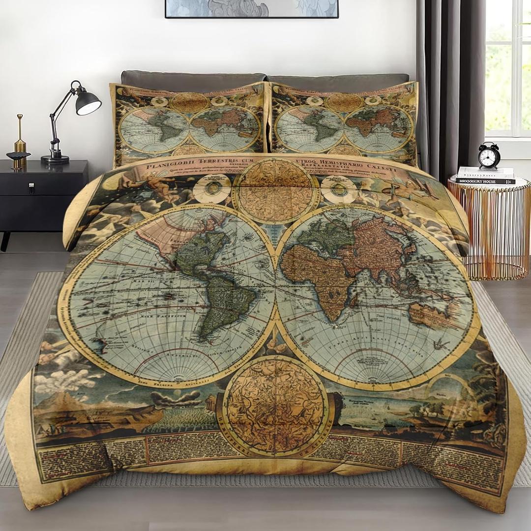 Comforter Set Queen Size, Vintage World Map Soft 3 Pcs Bedding for Kids and Adults, Old Ancient America Comforter Set with 2 Pillowcases for Bedroom Bed Decor