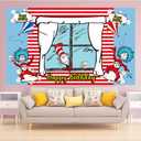 Happy Birthday Backdrop Banner 70.8X43.3 inches, Red and Blue Stripes Cartoon Window Kite Photography Background for Cat in The Hat Birthday Decoration