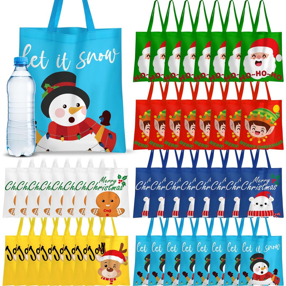 Clysee 48 Pieces Large Christmas Tote Bags Bulk Non Woven Christmas Gift Bags with Handles Xmas Grocery Shopping Totes Reusable Xmas Treat Bags Goodie Bags for Holiday Party Favors Supplies