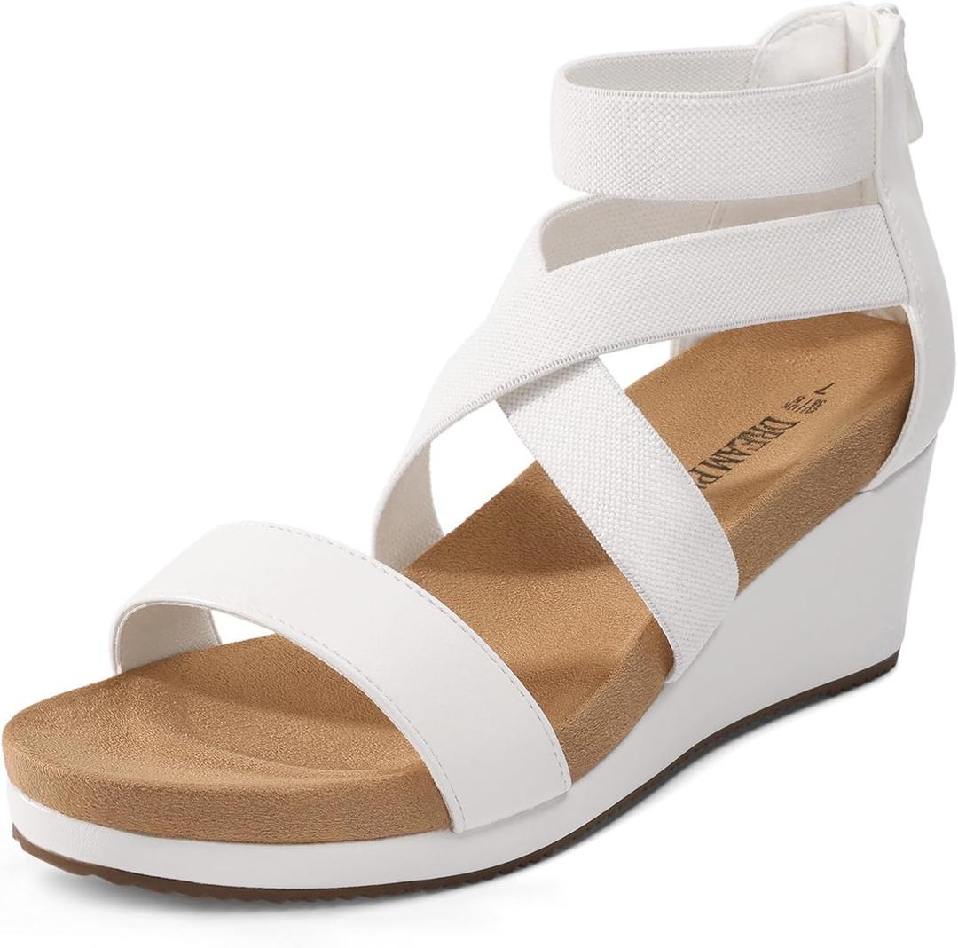 DREAM PAIRS Womens Elastic Ankle Strap Open Toe Platform Wedge Sandals Comfortable Summer Shoes for Women (8.5, White)